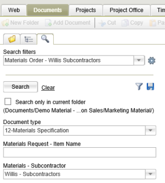 Materials order for procurement search function